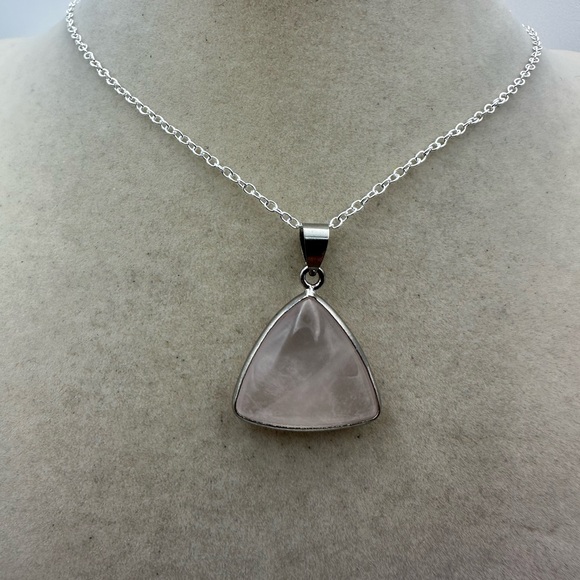 SOLD Triangle Rose Quartz Pendant Necklace on Box Chain - Picture 3 of 10